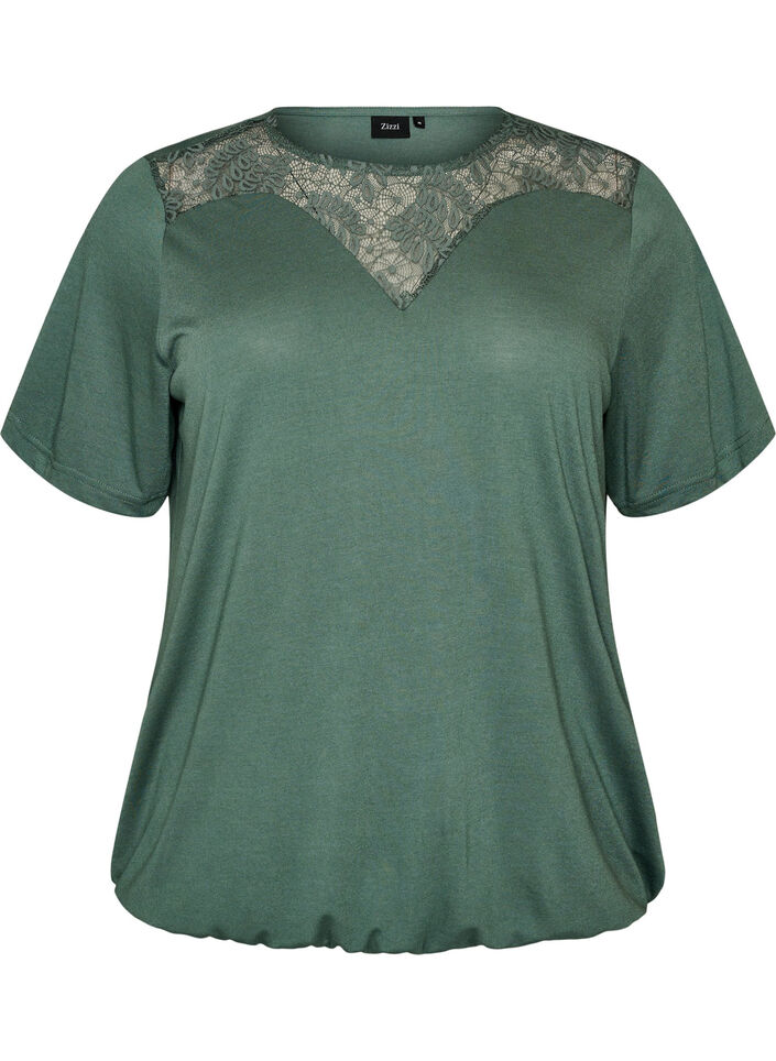 Blouse avec empi&egrave;cement en dentelle et manches ballon, Vert, Packshot image number 0