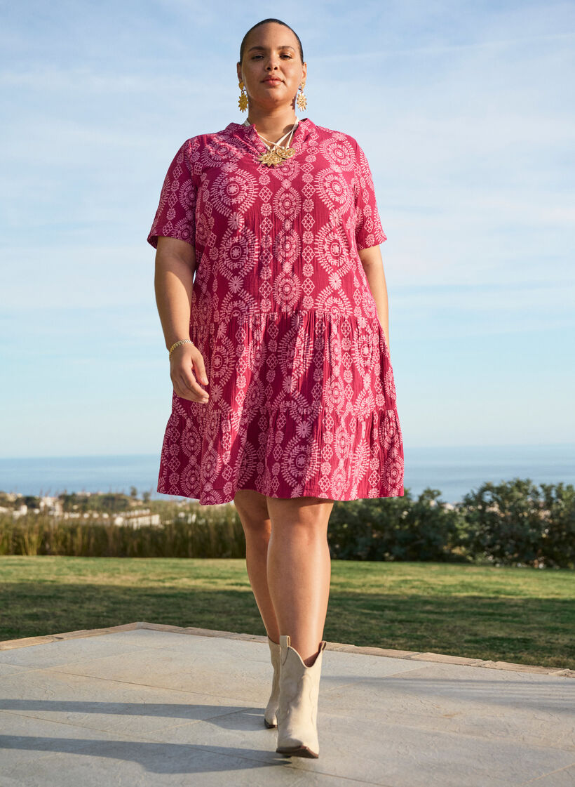 Korte jurk in katoen mousseline met een patroon, 9992, Image image number 0