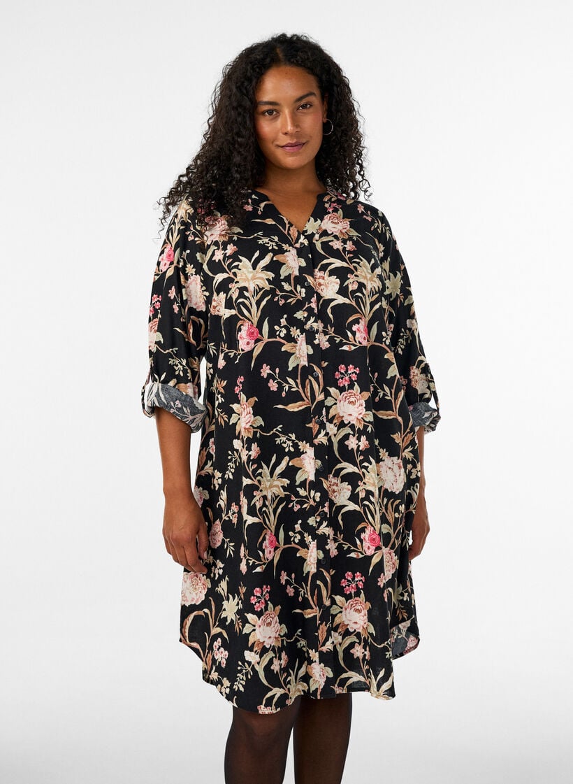 Lang shirt in linnen en viscose, Zwart, Model image number 0