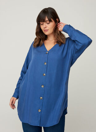 Lyocell blouse met v-hals, Blue denim, Model image number 0