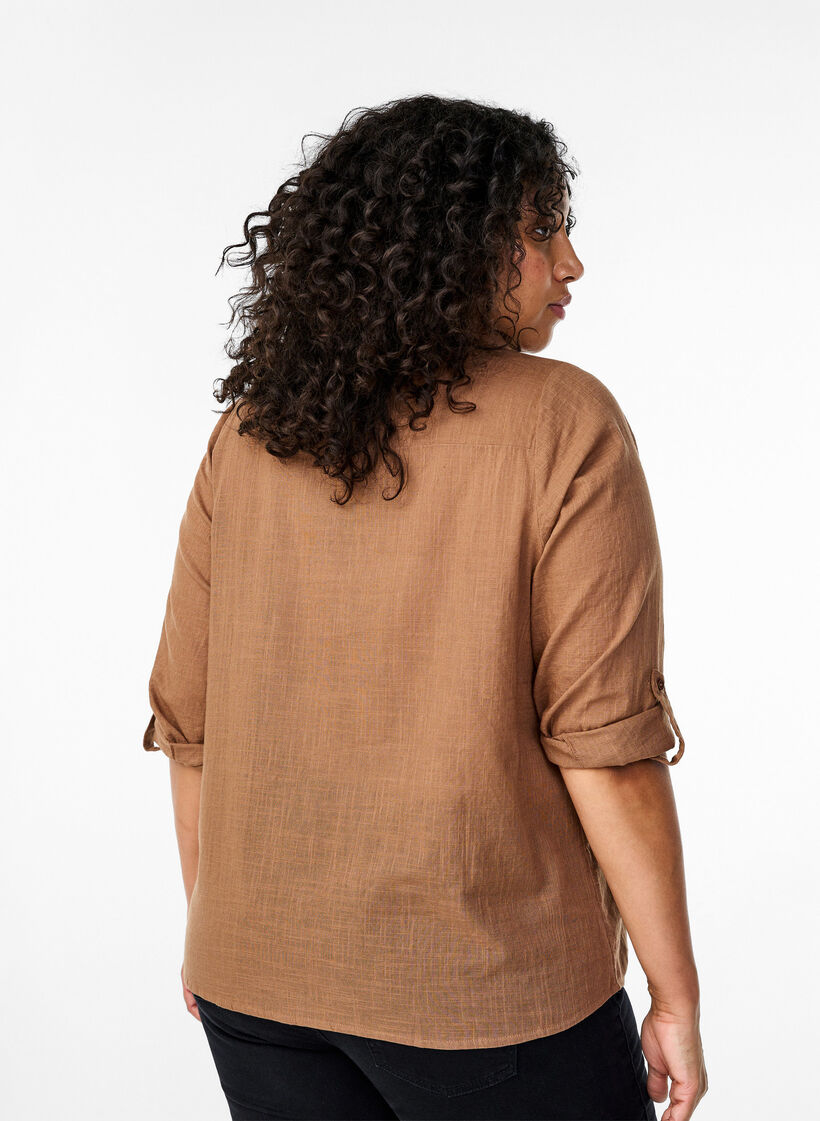 Katoenen overhemdblouse met V-hals, Coca Mocha, Model image number 1