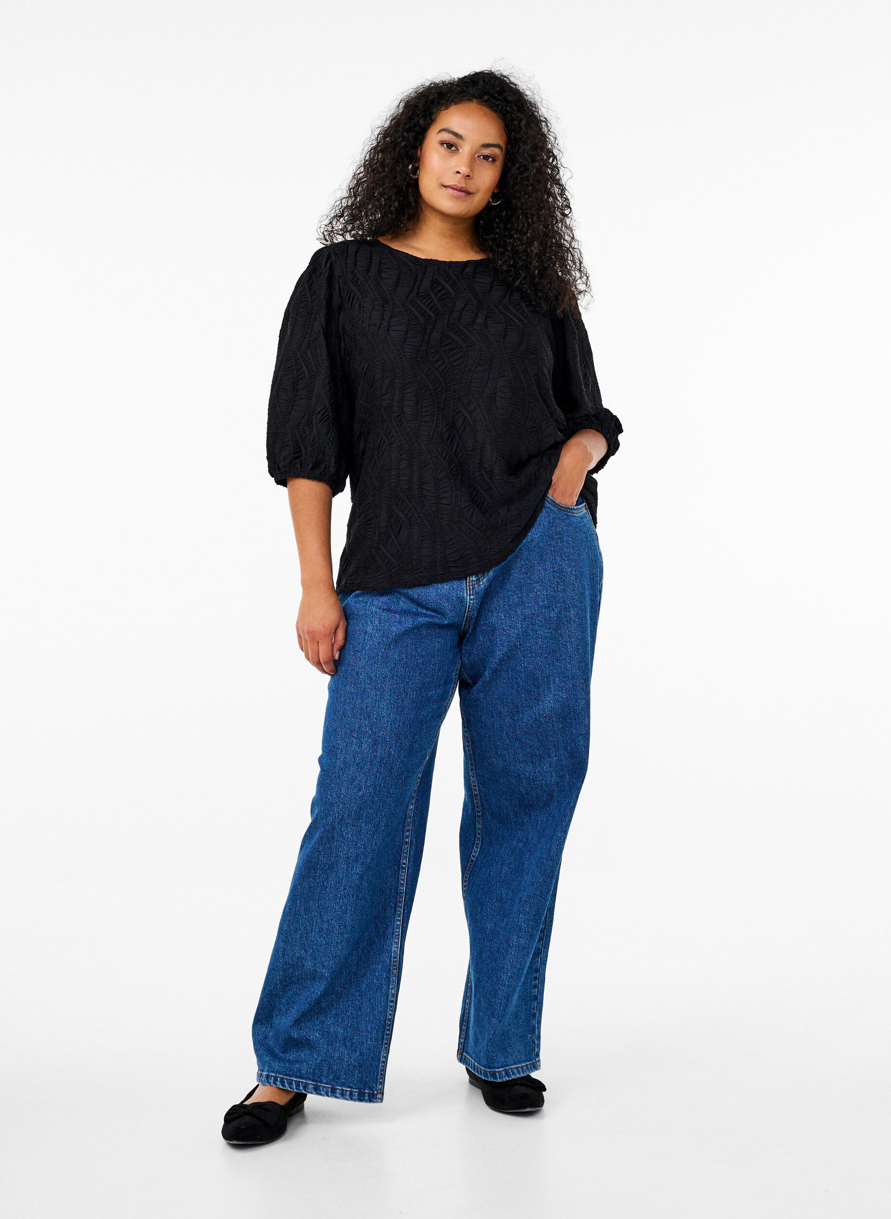 ZizziBlouse met textuur en 3/4 mouwen, Zwart, Model image number 1