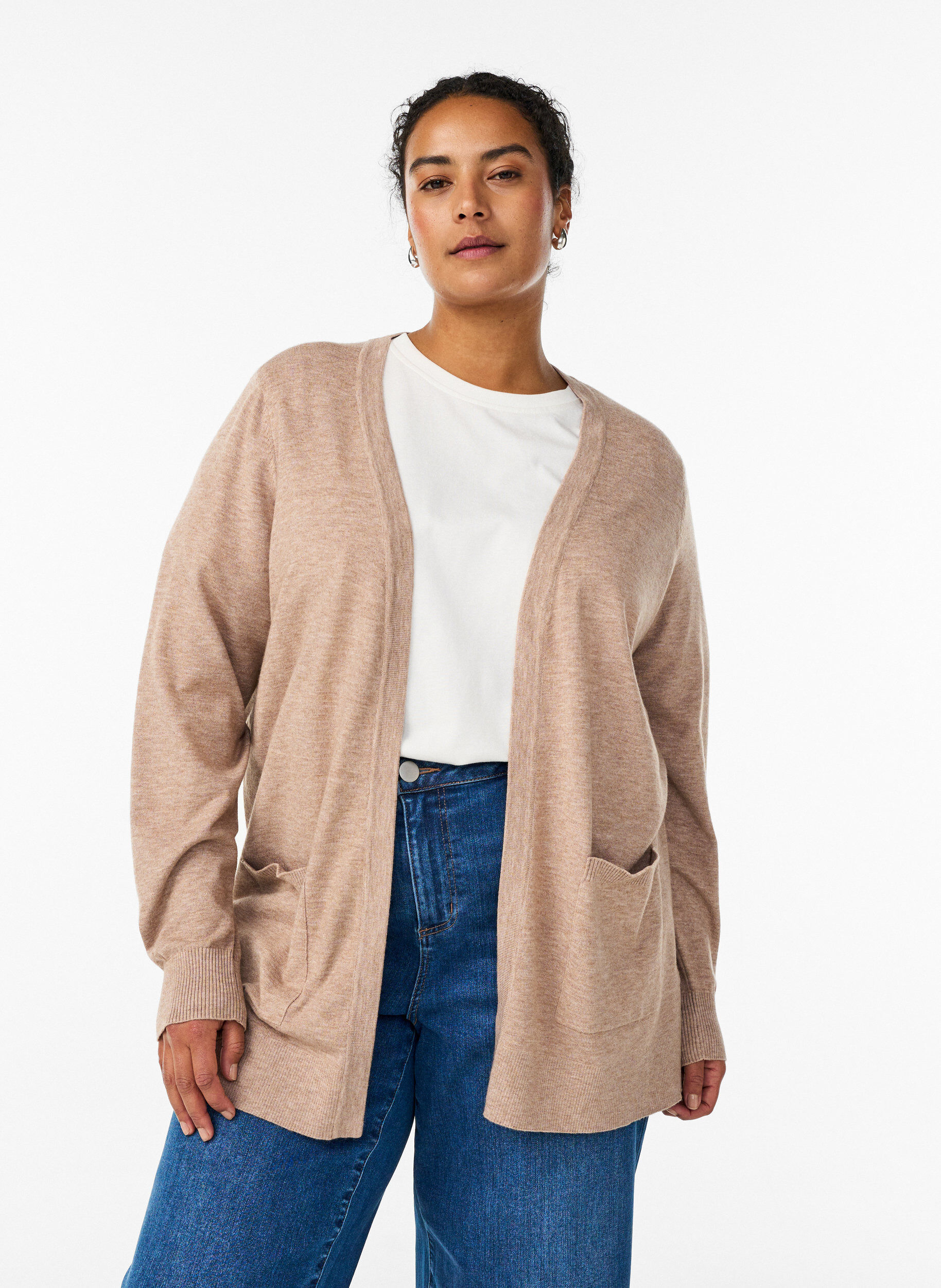 Zizzi Cardigan long en maille ouvert avec poches, Beige, Model image number 0