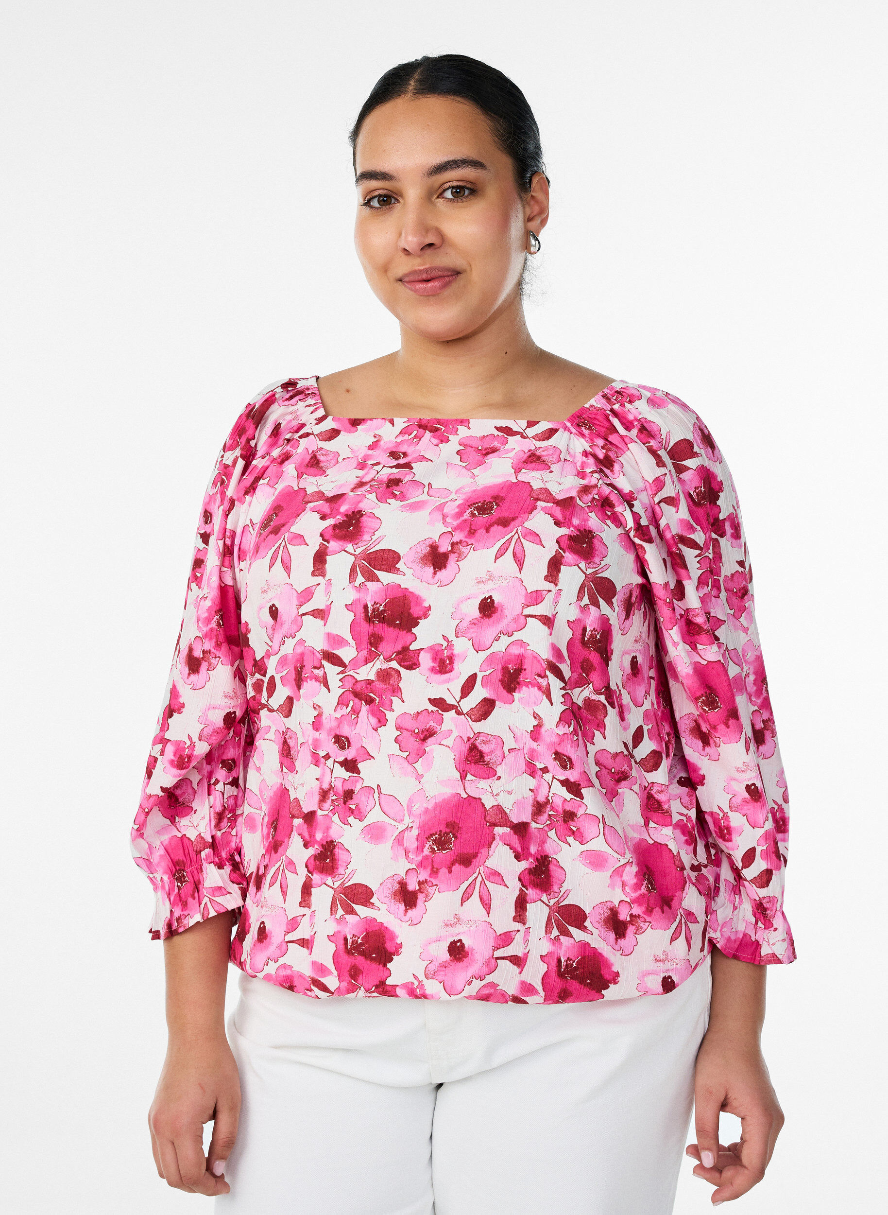 ZizziViscose blouse met een vierkante hals en 3/4-mouwen, Roze, Model image number 0