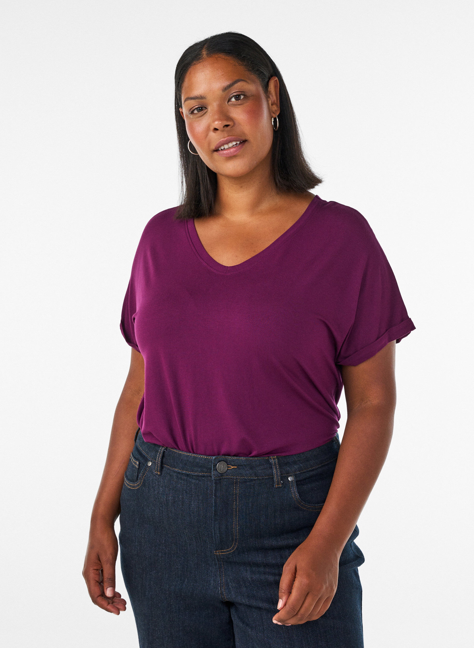 ZizziBasic T-shirt col V en viscose, Violet, Model image number 0