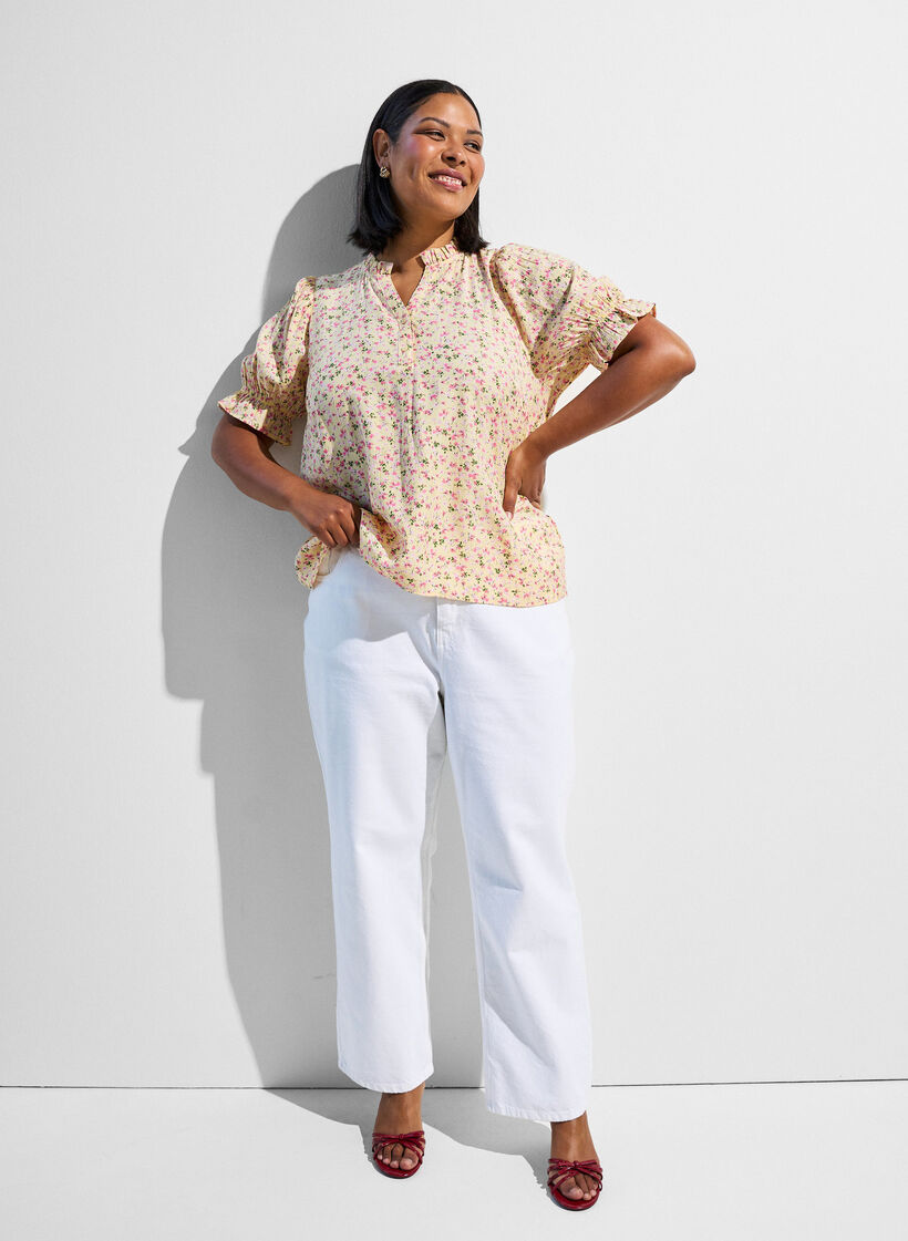Viscose bloemenblouse met korte mouwen en een rucheskraag, Geel, Image image number 0