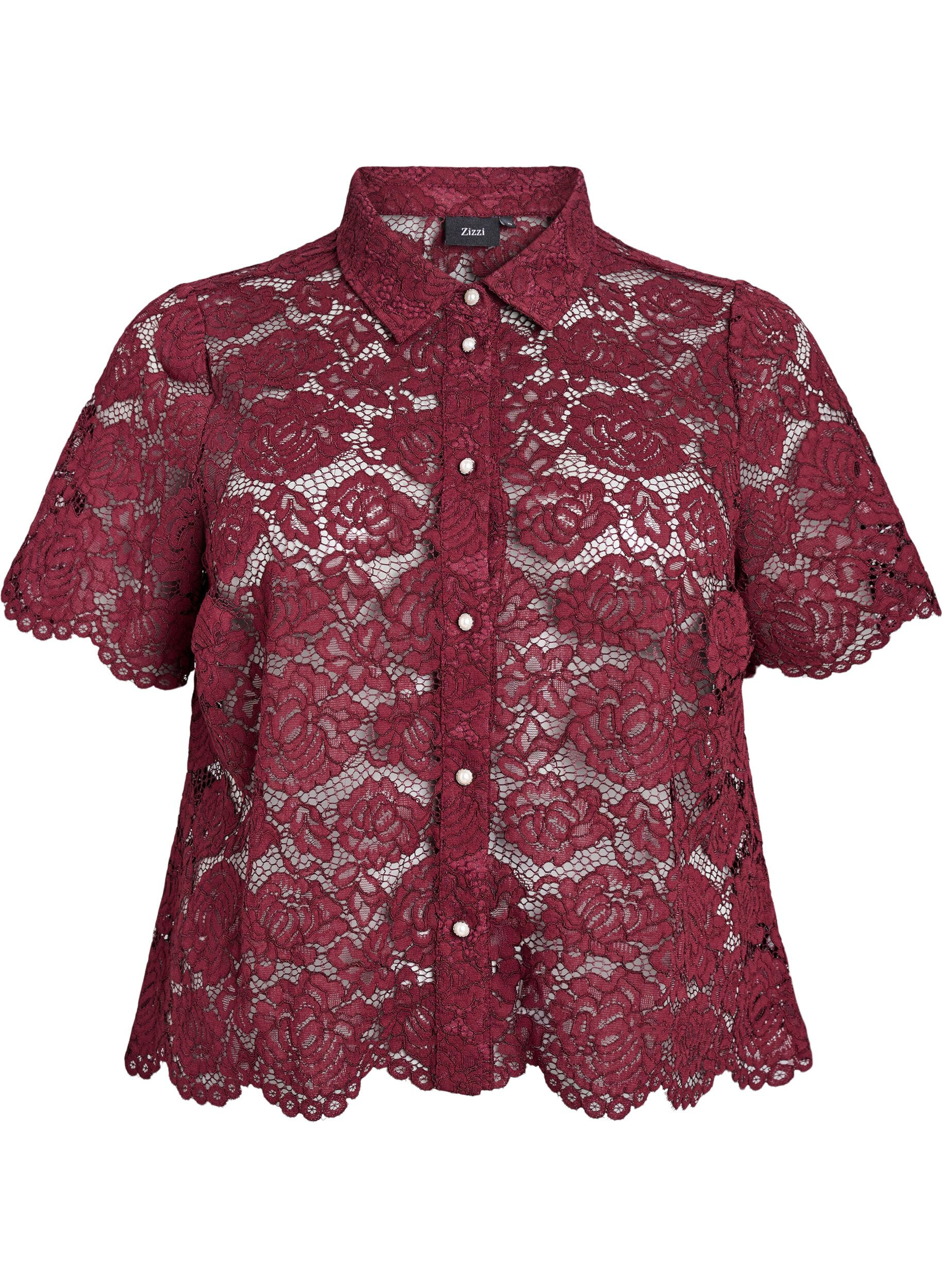 ZizziKanten shirt blouse met parelknopen, Donker Bordeaux, Packshot image number 0