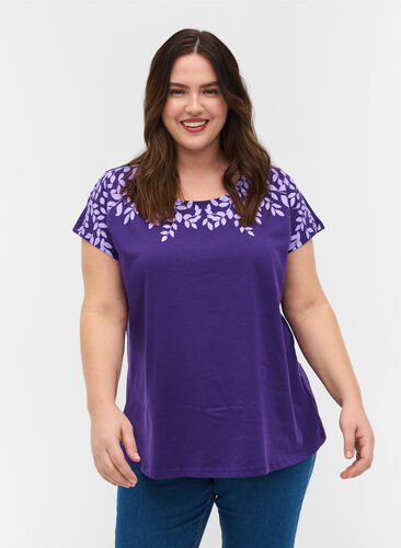 T-shirt en coton avec détails imprimés, Violet Ind Mel Feath, Model image number 0
