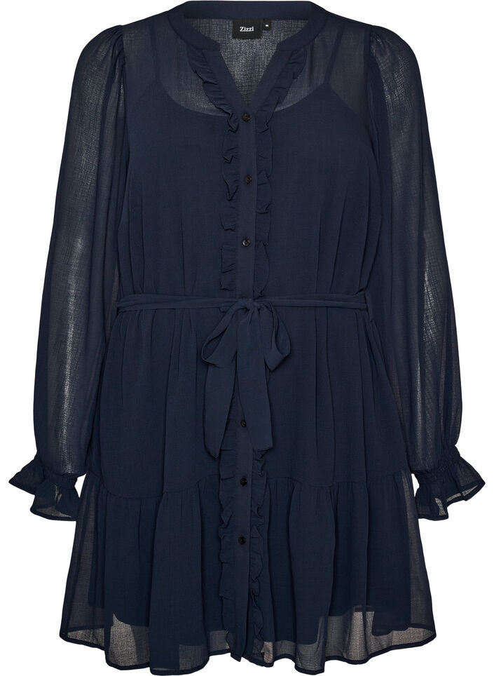 Korte jurk met ruches en een strikceintuur, Blauw, Packshot image number 0