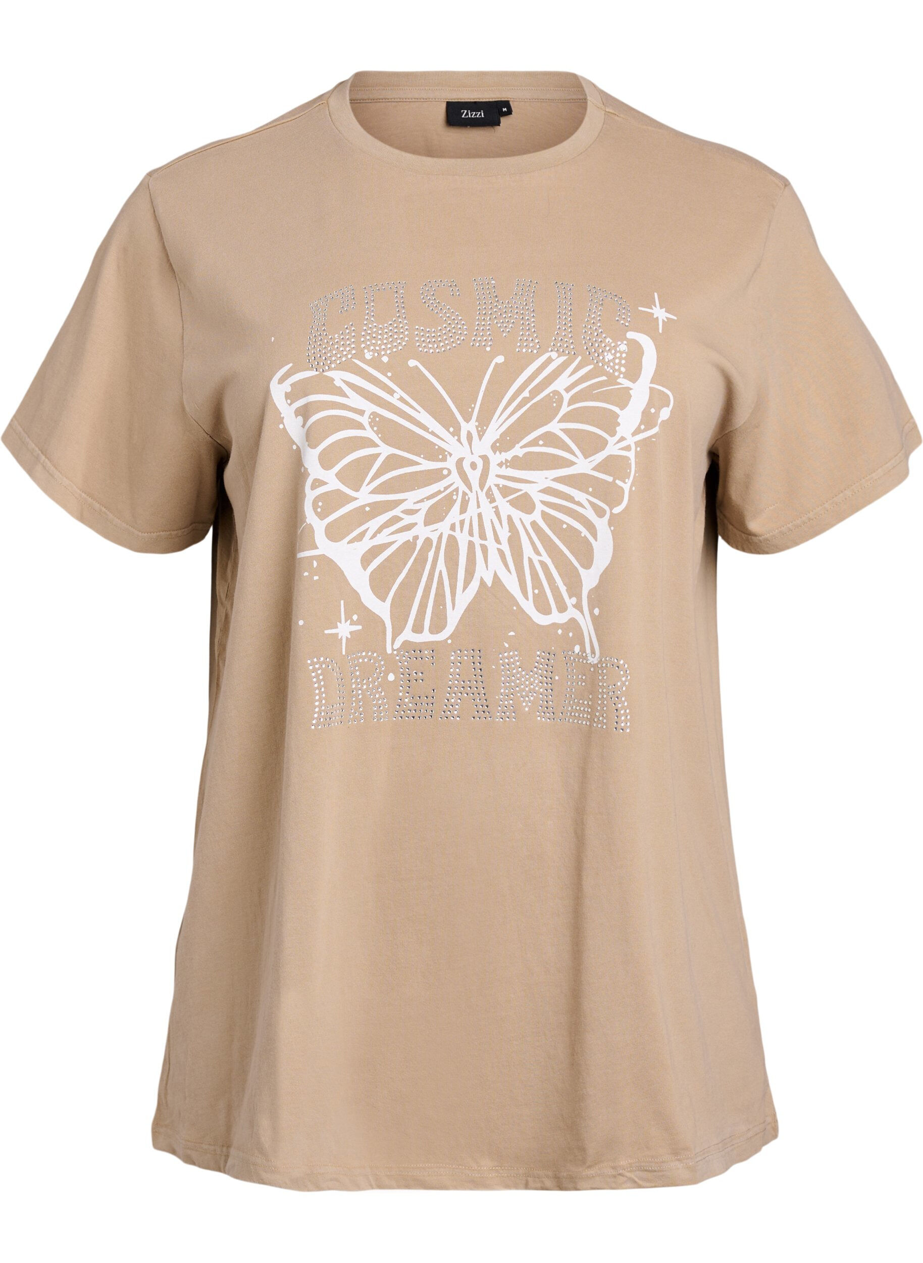 ZizziBiologisch katoenen T-shirt met strass en vlinder motief, Bruin, Packshot image number 0