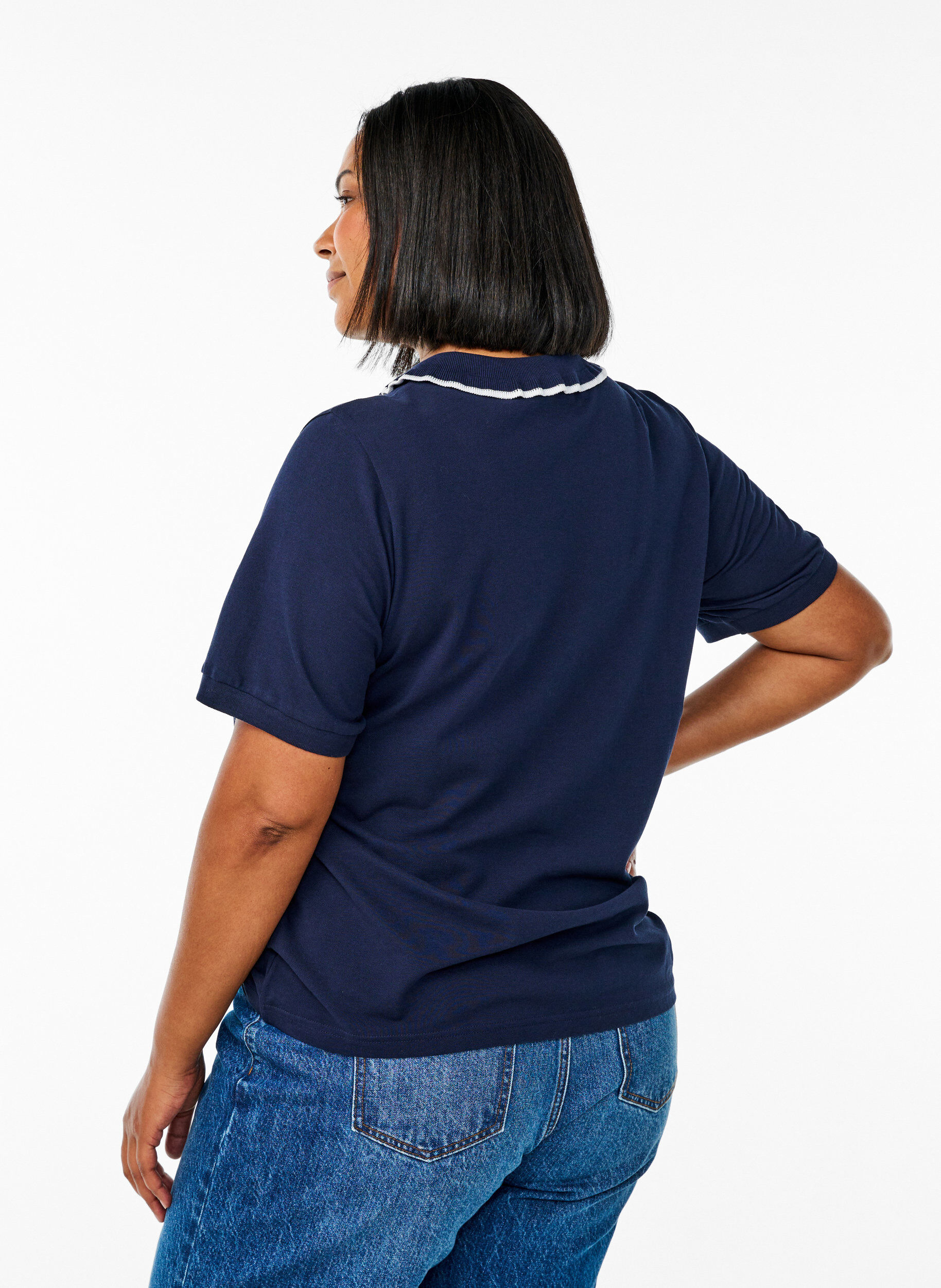 ZizziPolo shirt met strass knopen en ruches., Blauw, Model image number 2
