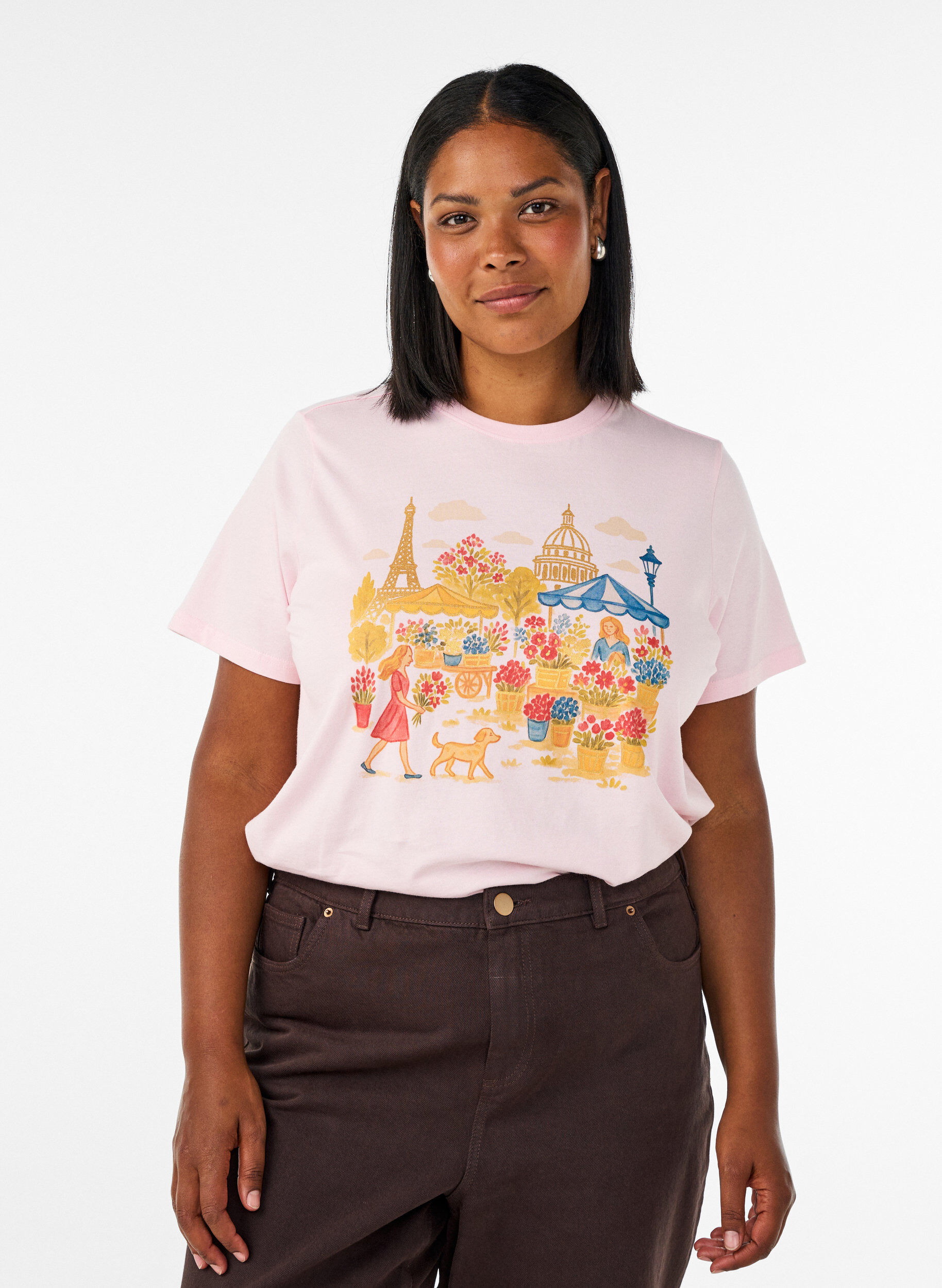 T-shirt en coton bio avec imprim&eacute; sur le devant, Rose, Model