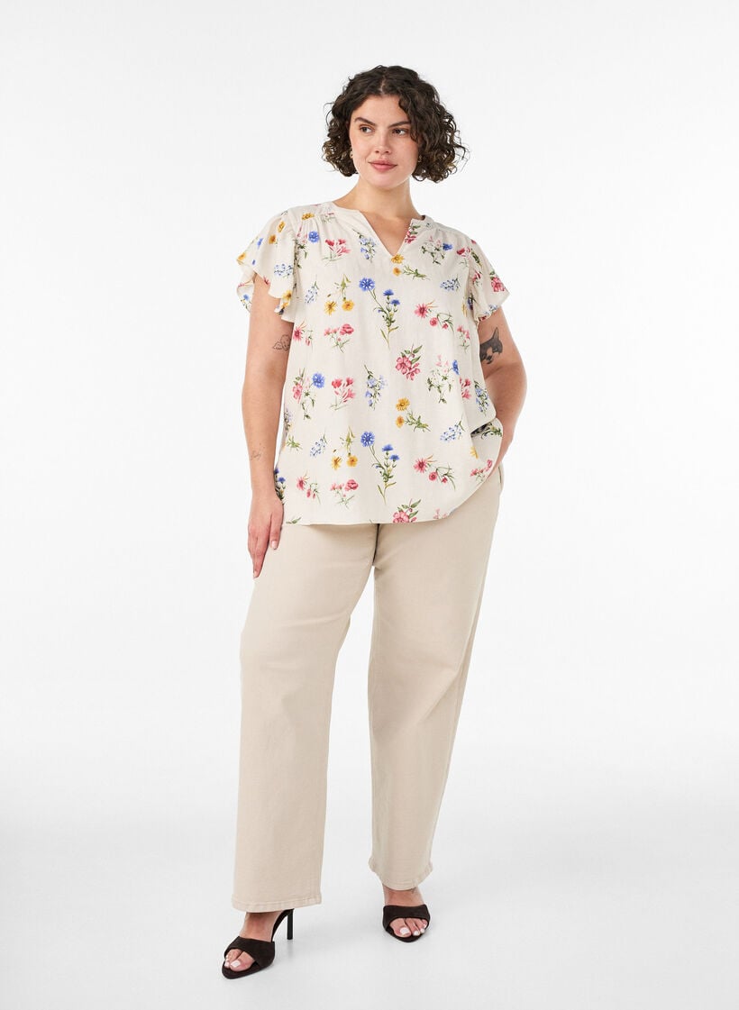 Viscose en linnen blouse met ruches aan de mouwen, Beige, Model image number 1