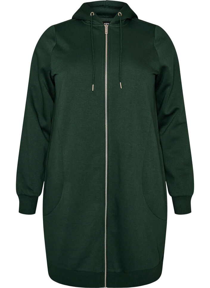 Sweat &agrave; capuche long avec zip et poches, Vert fonc&eacute;, Packshot image number 0