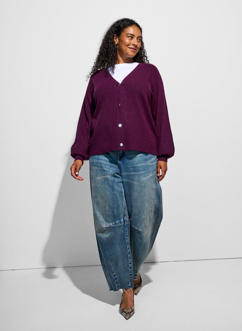 Vest met V-hals en ribstructuur, Paars, Model image number 1