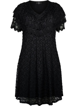 Blonde jurk met korte mouwen en brede franjes, Black, Packshot image number 0