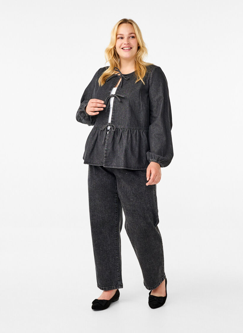 Peplum blouse van denim met striksluiting, Grijs, Model image number 1