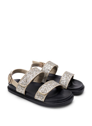 Sandale pied large à paillettes avec fermeture velcro, Gold Glitter, Packshot image number 1