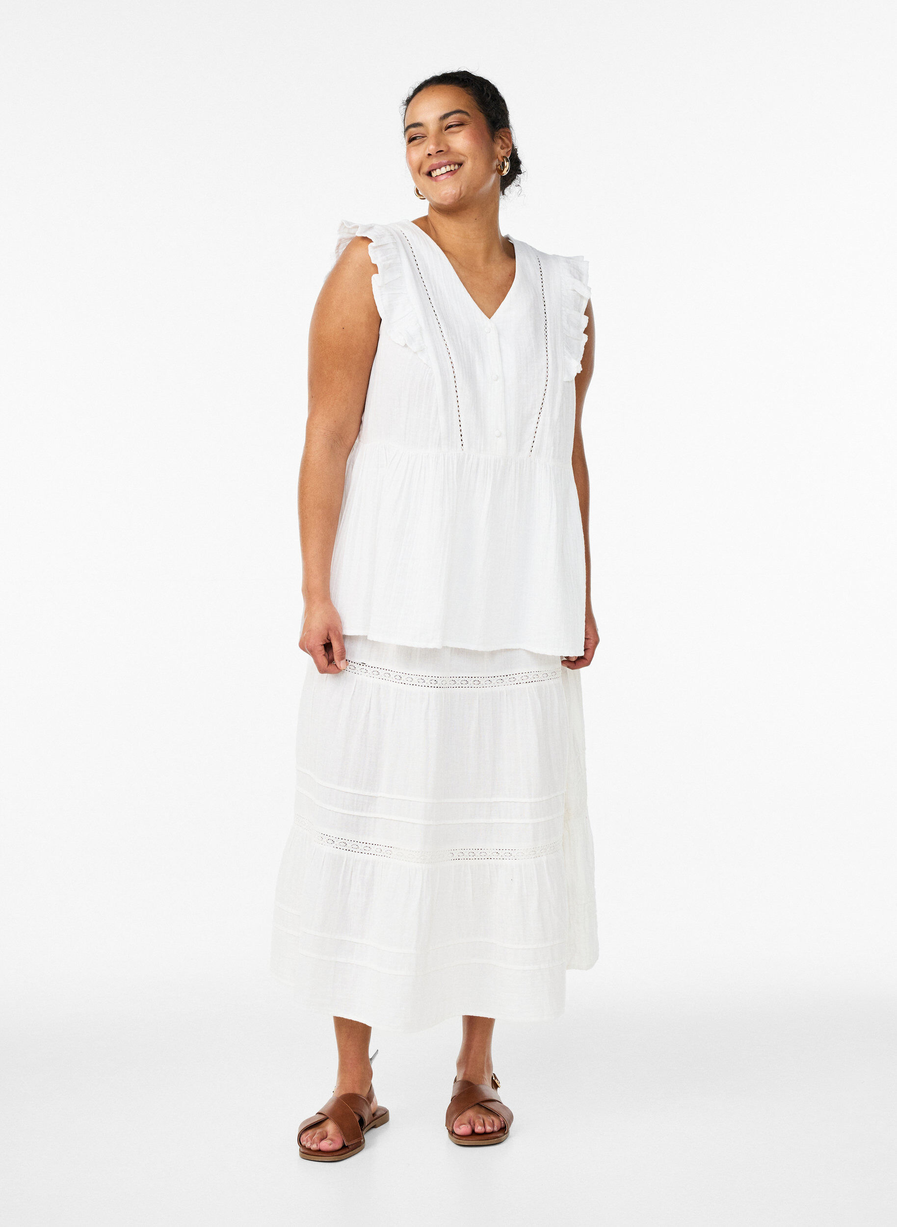 ZizziMouwloze blouse van katoen mousseline met ruches, Wit, Model image number 1