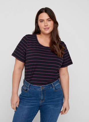 T-shirt rayé en coton, Black w. Purple , Model image number 0
