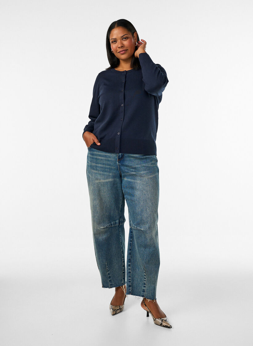 Cardigan en maille fine avec col rond, Bleu, Model image number 1