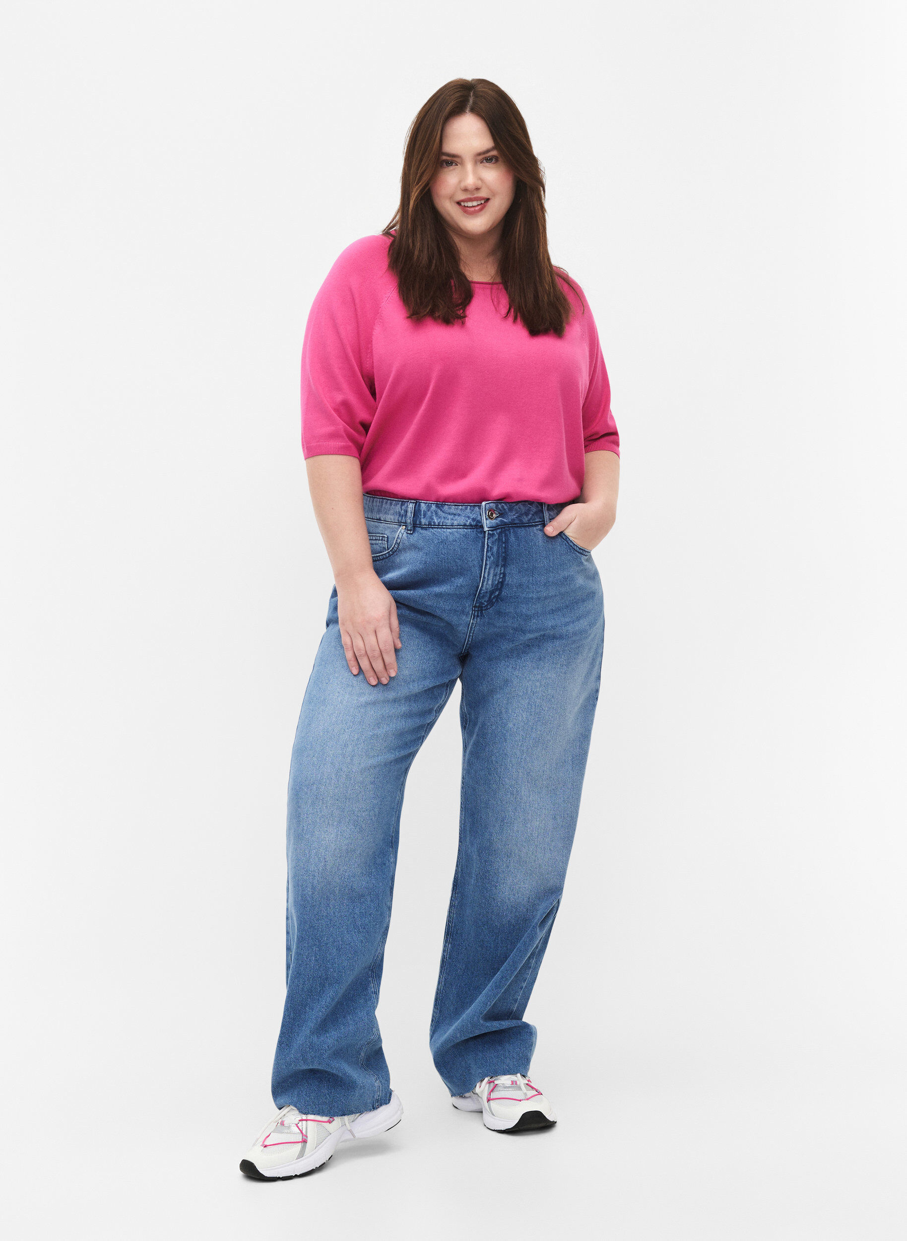 ZizziGebreide blouse van viscose met 3/4 mouwen, Raspberry Rose, Model image number 2