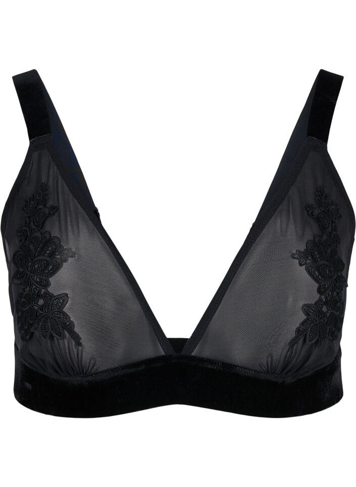 Mesh bh met velours en kant, Black, Packshot image number 0