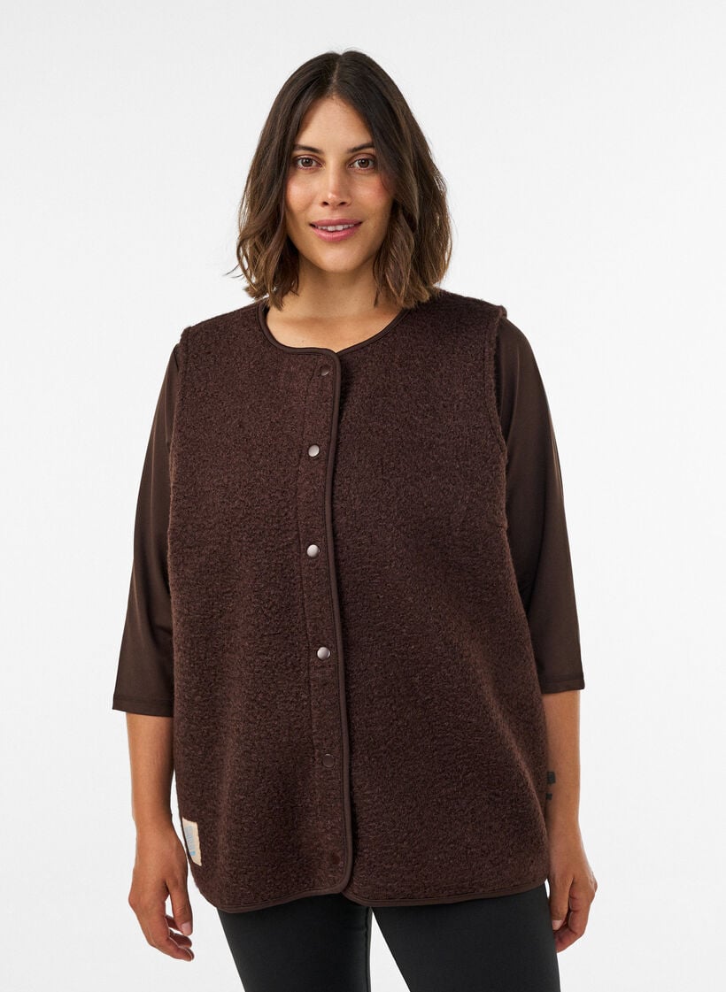 Fleecemouwloos vest met drukknoopjes en zijzakken, Bruin, Model image number 0