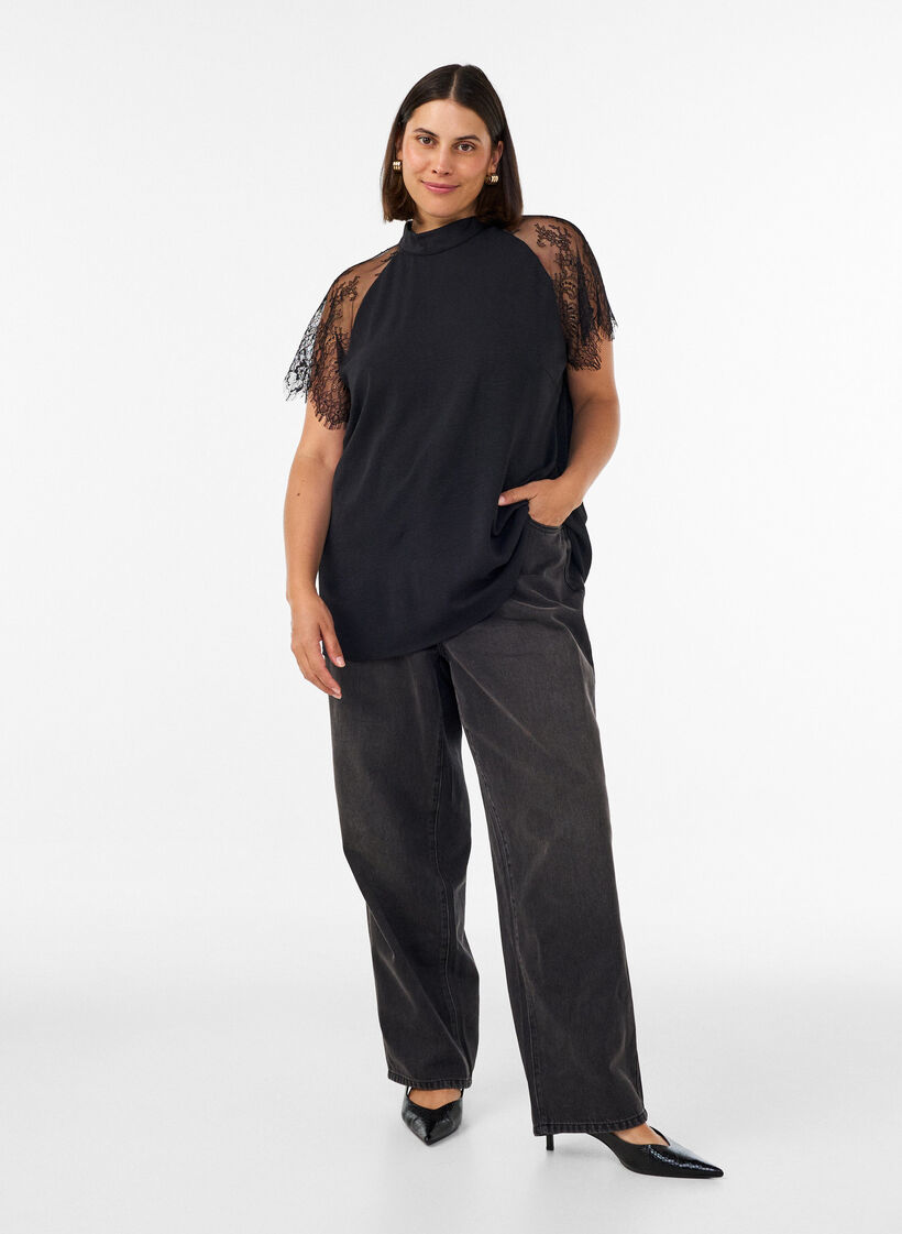 Blouse met korte kanten mouwen en hoge hals, Zwart, Model image number 1