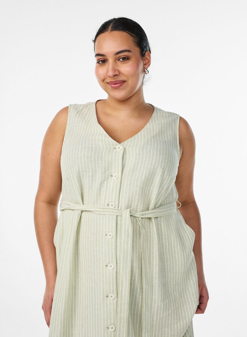Robe midi sans manches &agrave; rayures en lin et viscose, Vert clair, Model image number 2