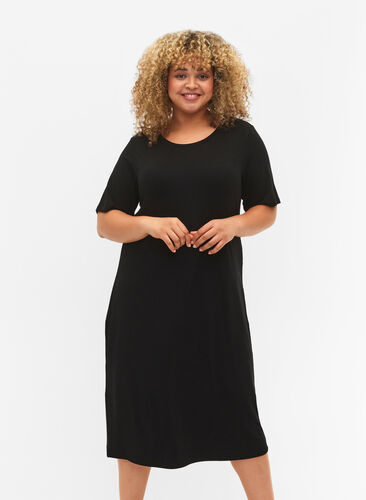 Halflange jurk met korte mouwen van viscose ribstof, Black, Model image number 0