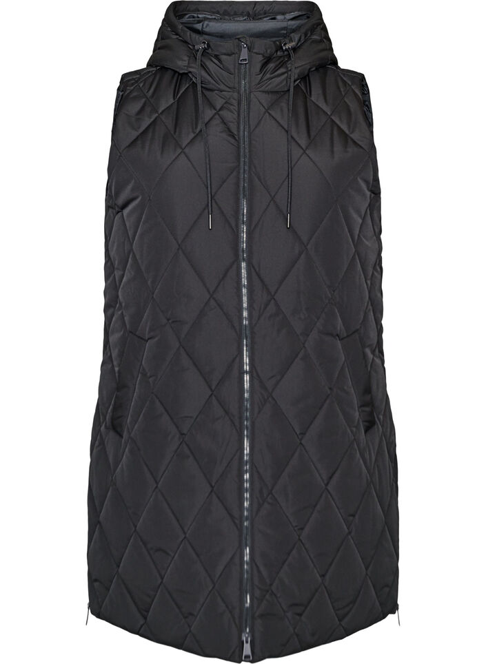 Halflang gewatteerd gilet met capuchon, Zwart, Packshot image number 0