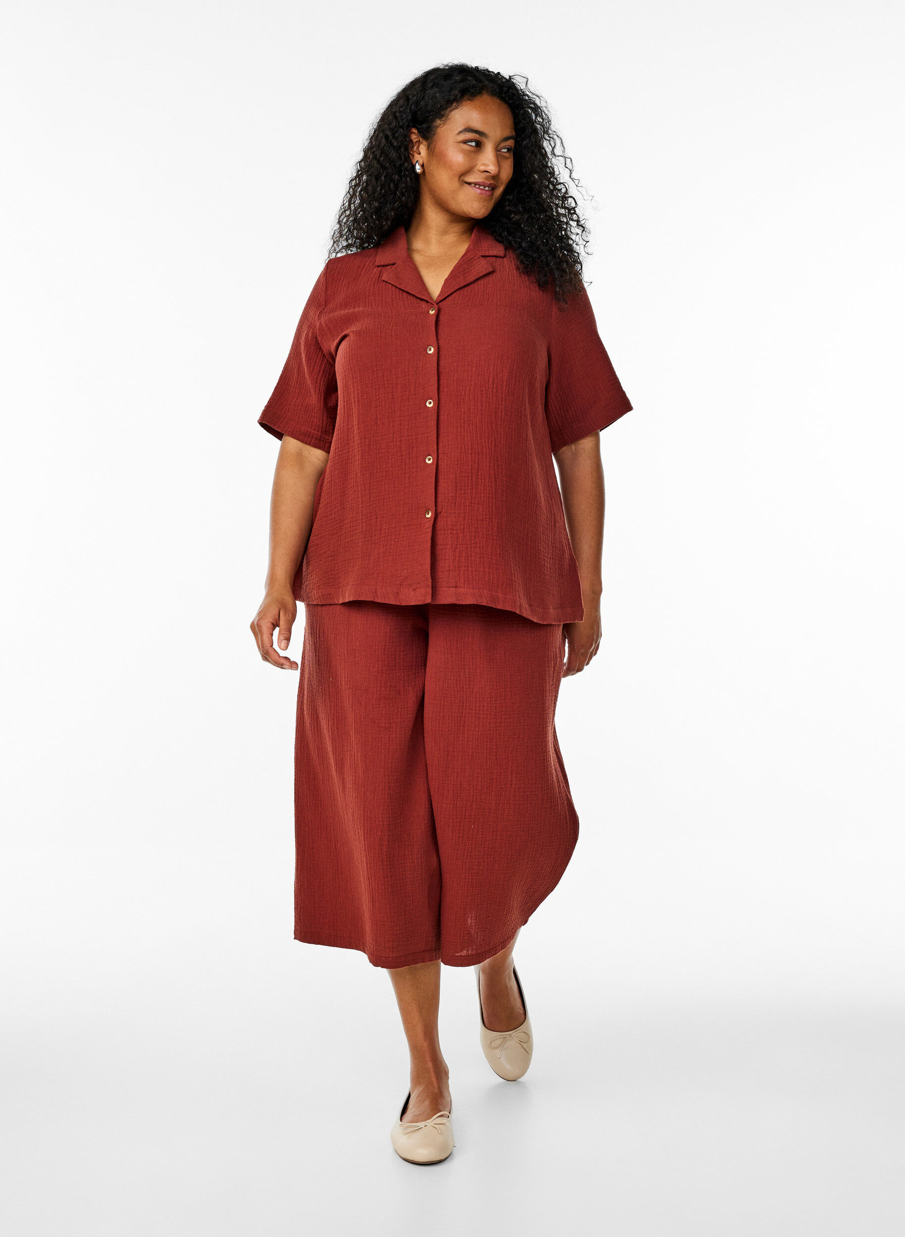 ZizziCulotte broek van katoen met hoge taille, Rood, Model image number 0
