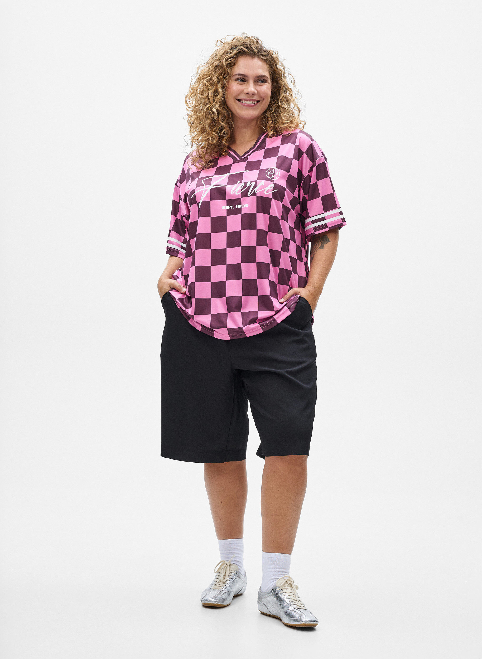 ZizziSporty T-shirt met ruiten en tekstprint, Rood, Model image number 1