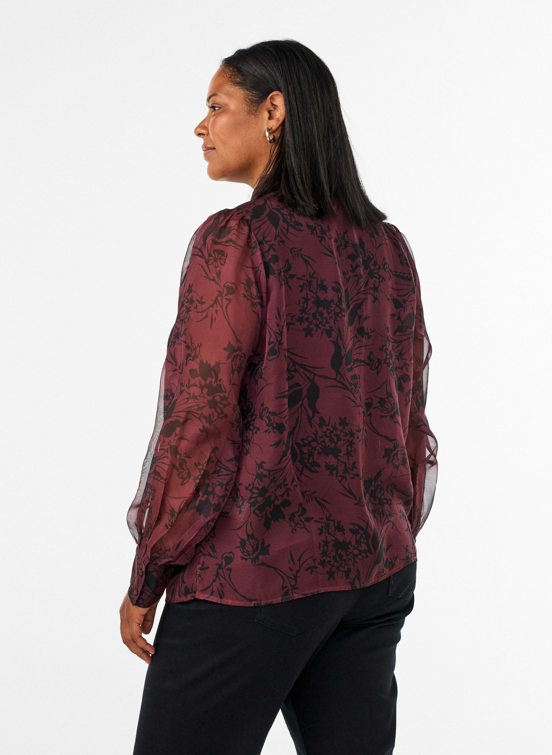 ZizziChemisier transparent avec motif floral et d&eacute;tail &agrave; nouer, Bordeaux fonc&eacute;, Model image number 2