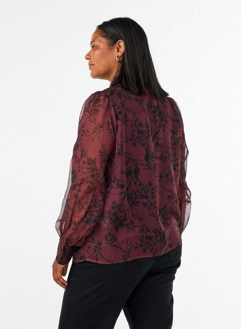 Chemisier transparent avec motif floral et d&eacute;tail &agrave; nouer, Bordeaux fonc&eacute;, Model image number 2