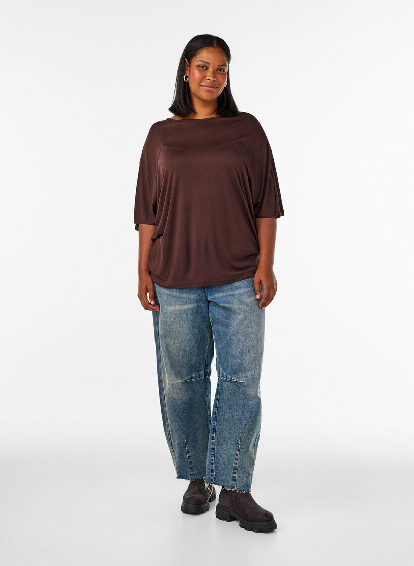 T-shirt ample en jersey de viscose, Marron, Model image number 1