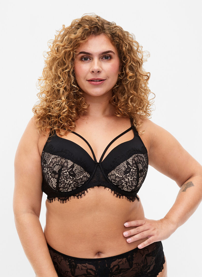 Soutien-gorge rembourré avec dentelle et lacet, Black, Model image number 0
