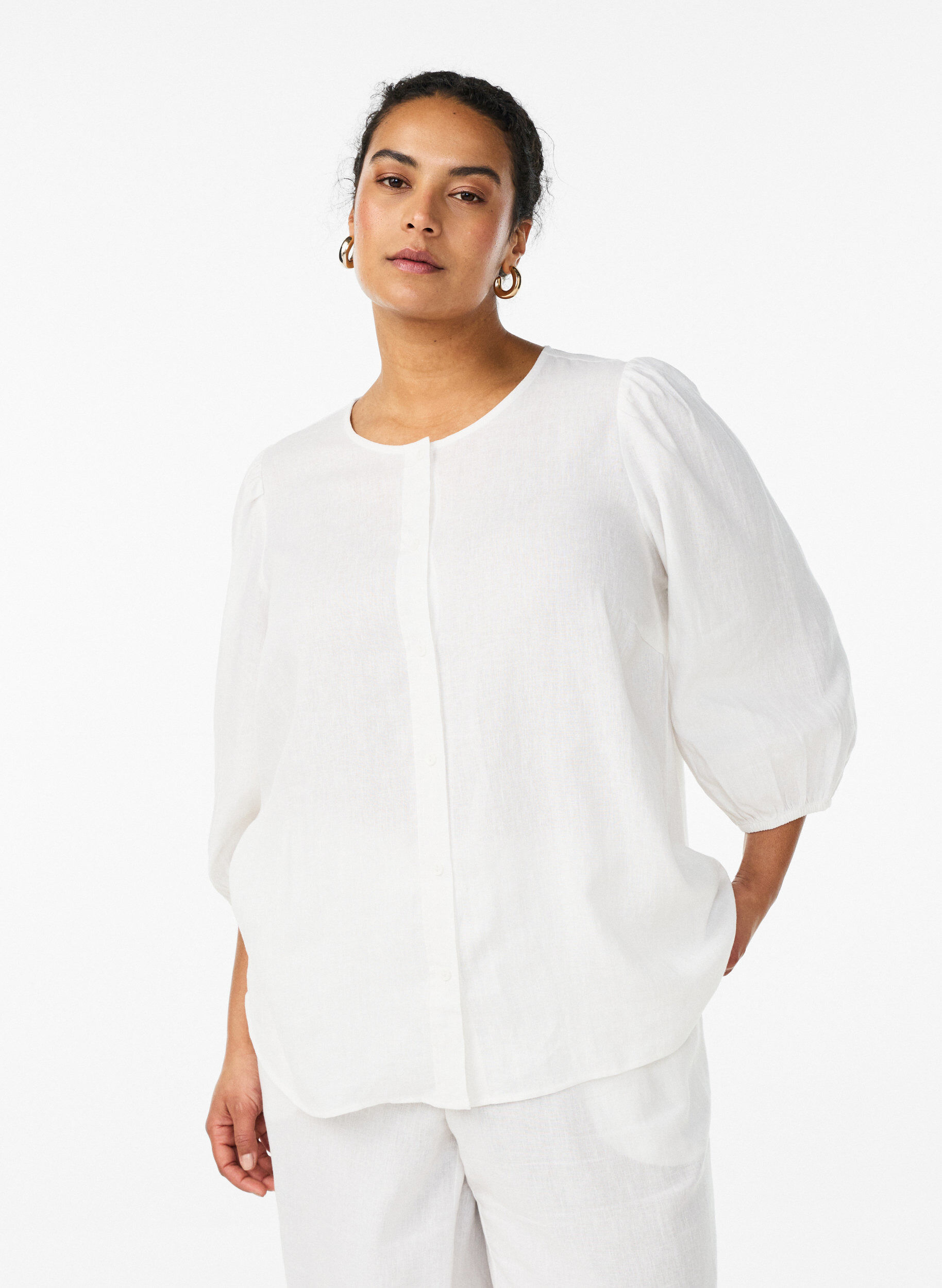 ZizziShirtblouse in linnen en viscose met 3/4-mouwen, Wit, Model image number 0