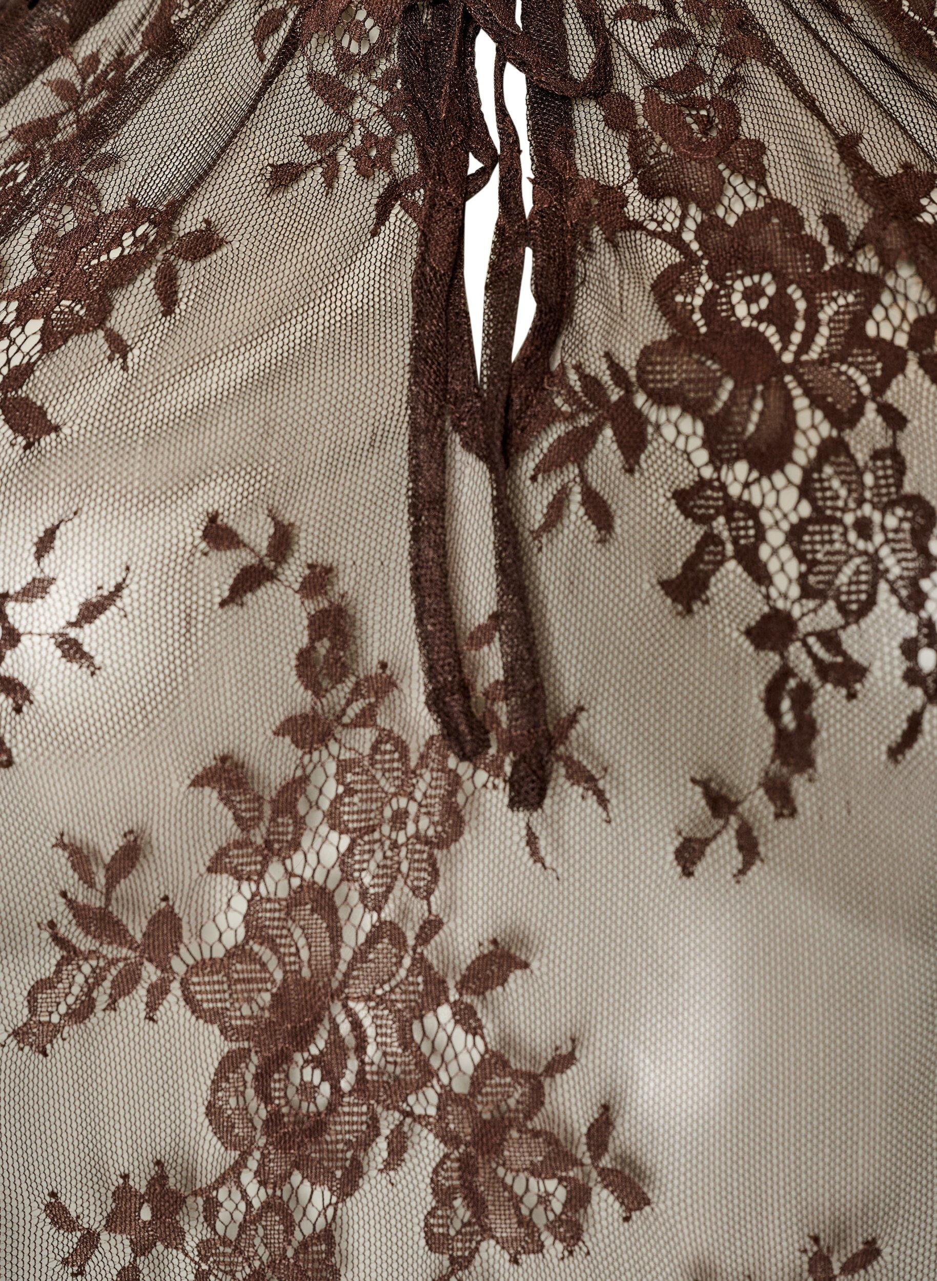 ZizziKorte mouwen kanten blouse met striksluiting, Bruin, Packshot image number 2