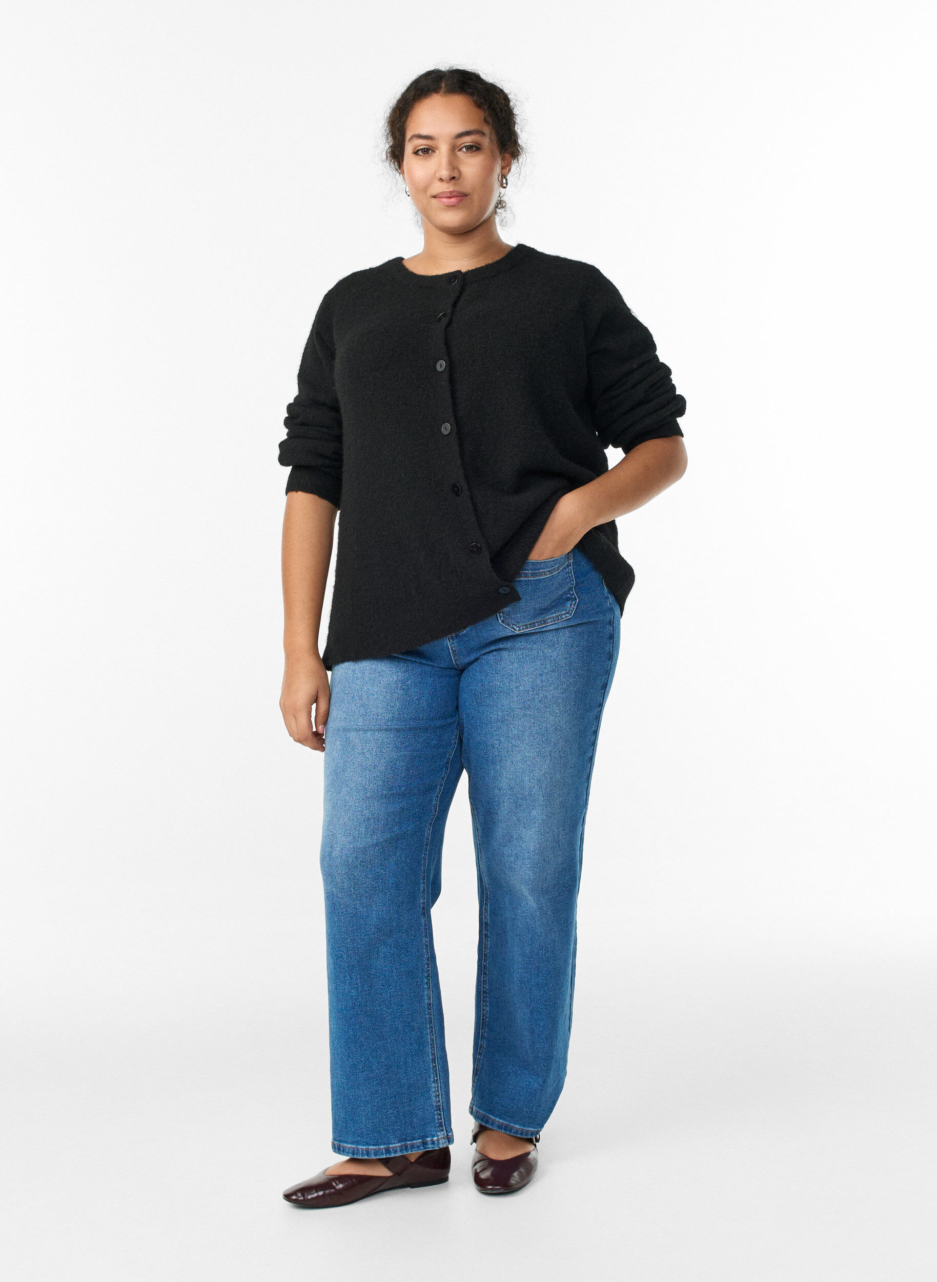 ZizziGebreid vest met wol en knopen, Zwart, Model image number 1