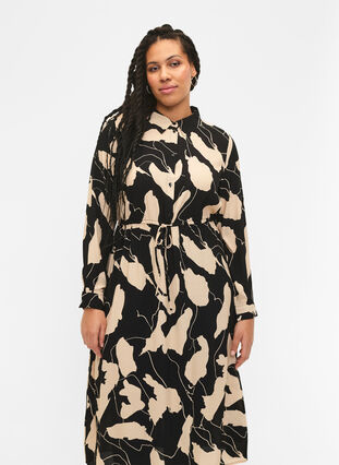 Midi-jurk met lange mouwen in viscose met print, Black AOP, Model image number 0