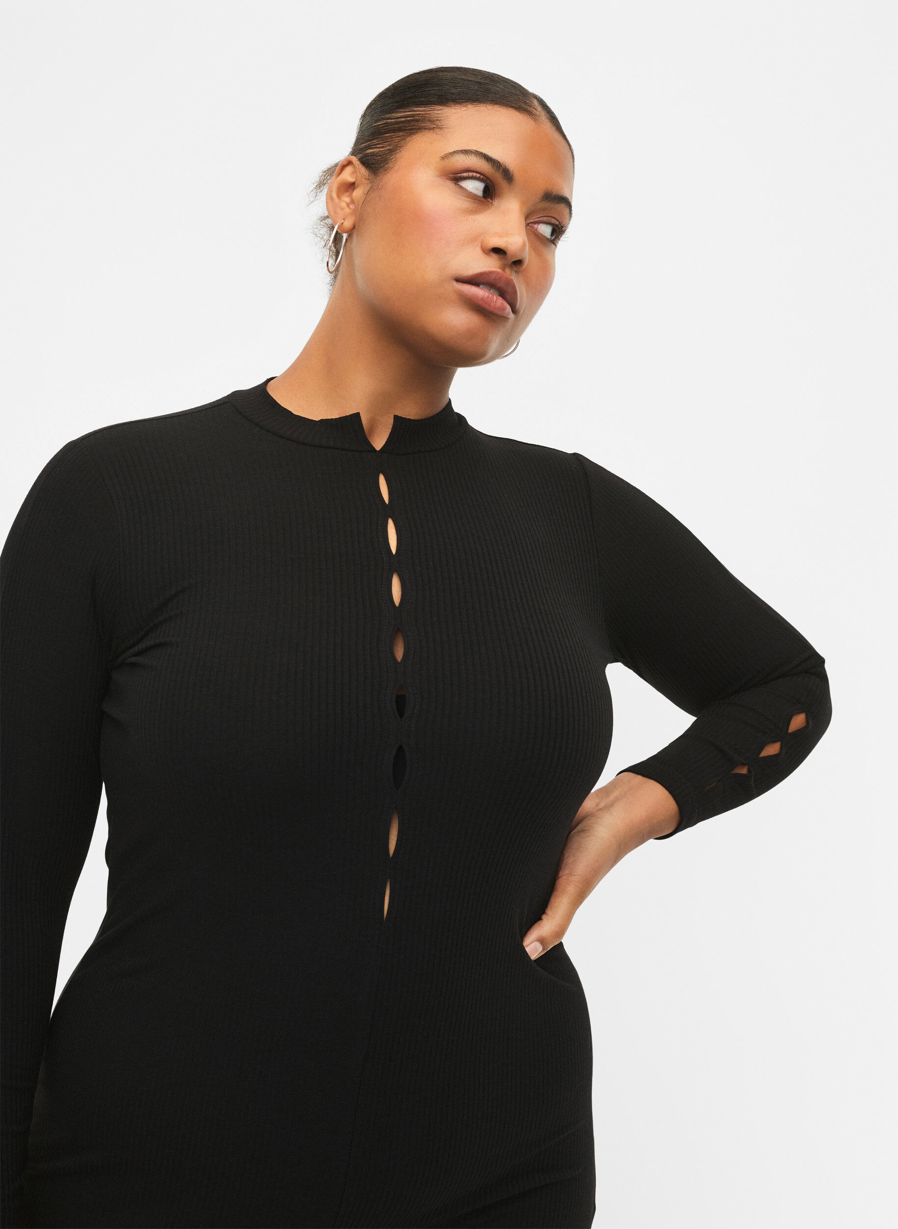 ZizziAansluitende jurk met opengewerkte details, Black, Model image number 2