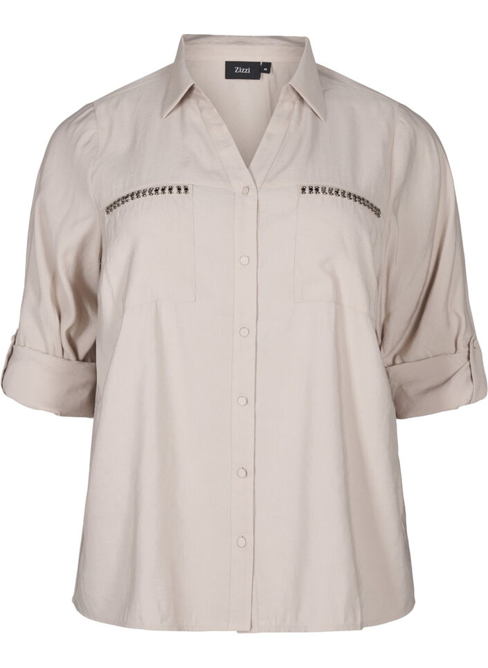 Shirt met studs en 3/4 mouwen, Beige, Packshot image number 0