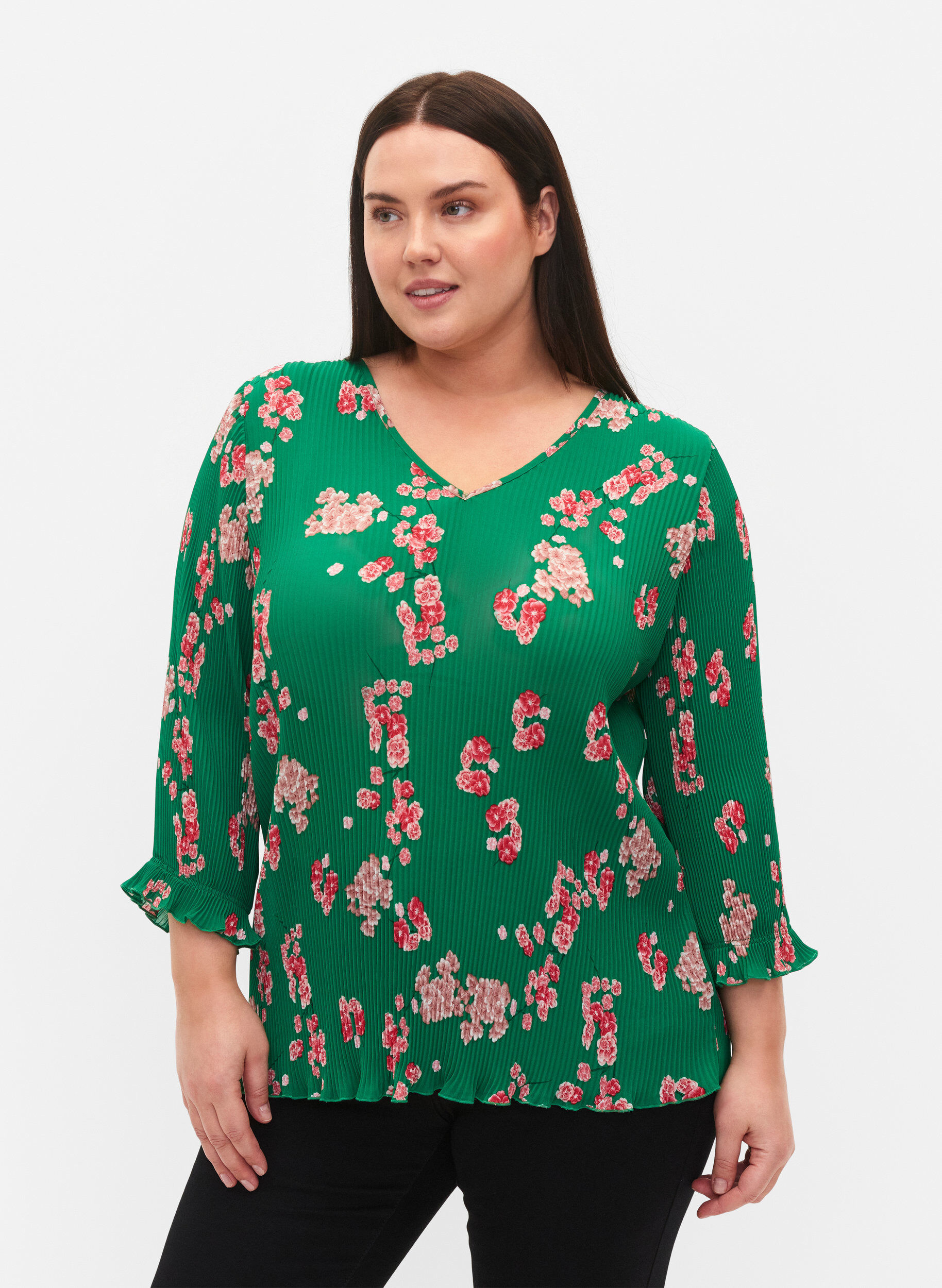ZizziGeplooide blouse met 3/4 mouwen, Jolly Green Flower, Model image number 0