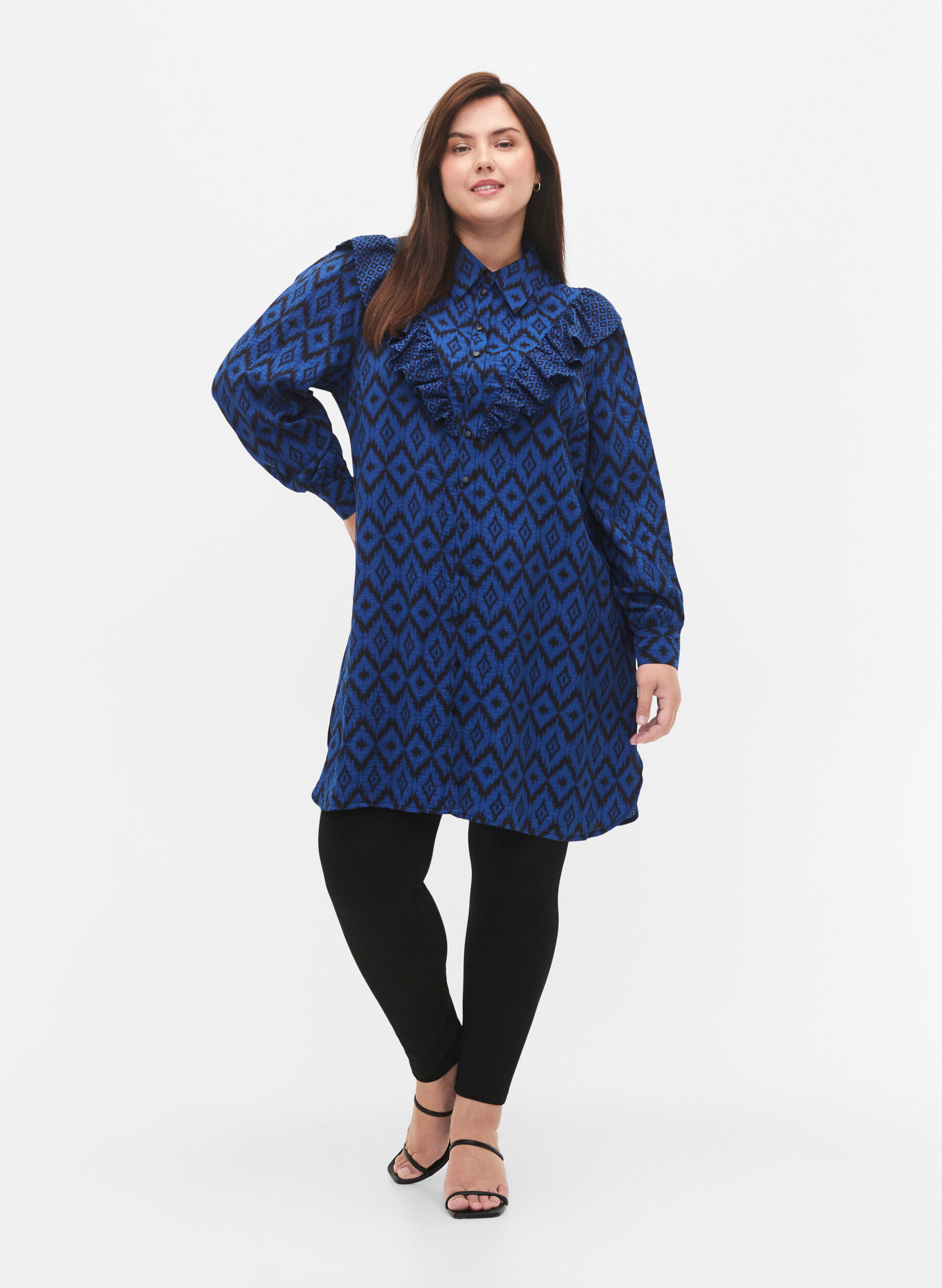ZizziLange viscose shirt met print en franjes, True blue w. Black, Model image number 2