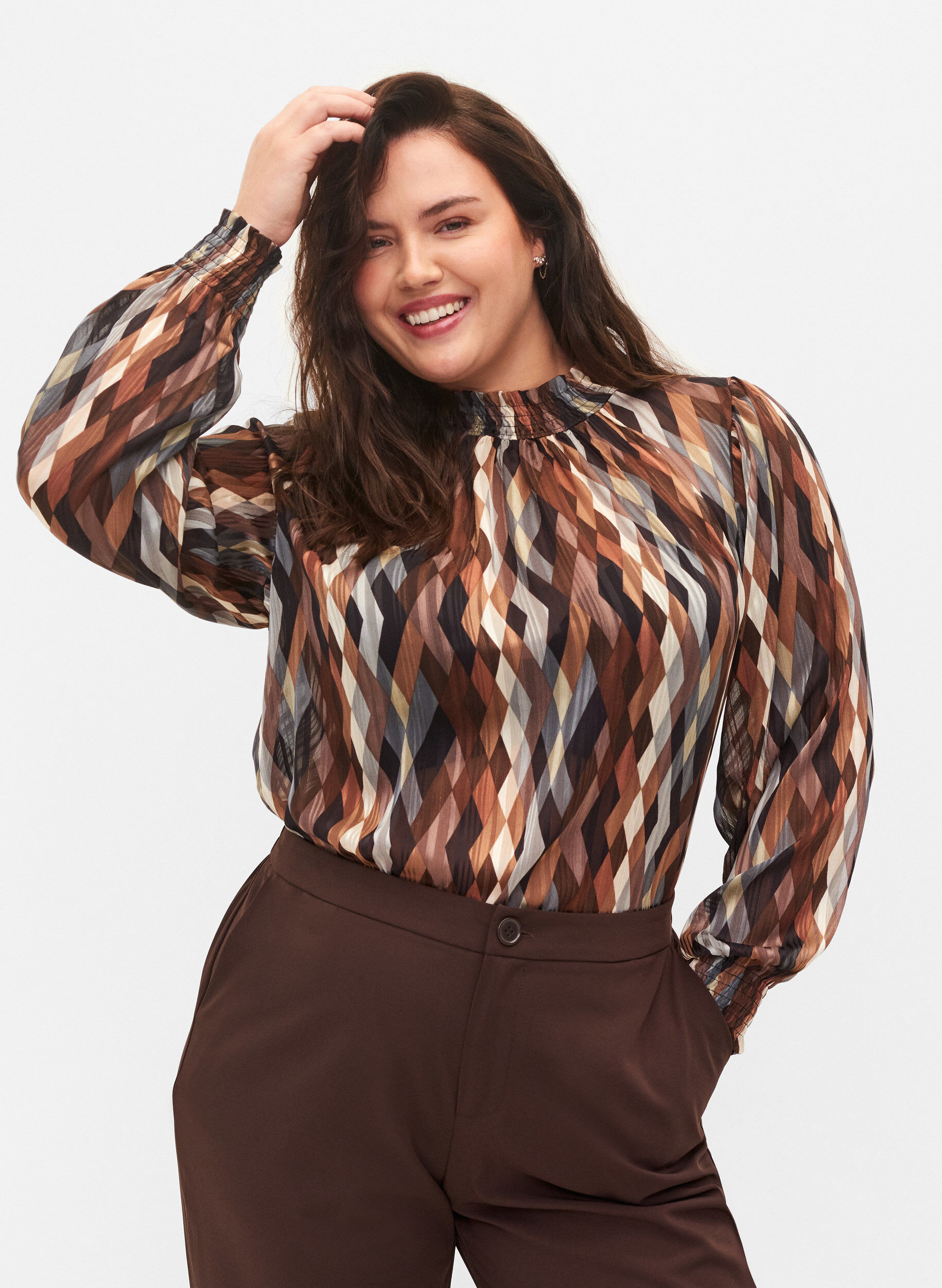 ZizziBedrukte blouse met smock, Earthy Zig Zag, Model image number 0