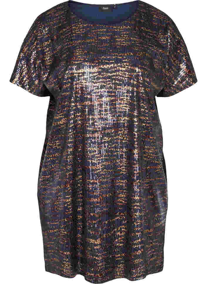 Robe à sequins manches courtes à col rond, Blue Brown Sequins, Packshot image number 0