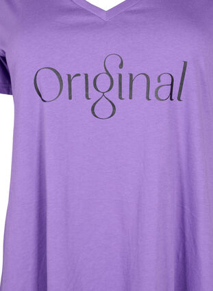T-shirt en coton avec impression de texte et col en V, Deep Lavender ORI, Packshot image number 2