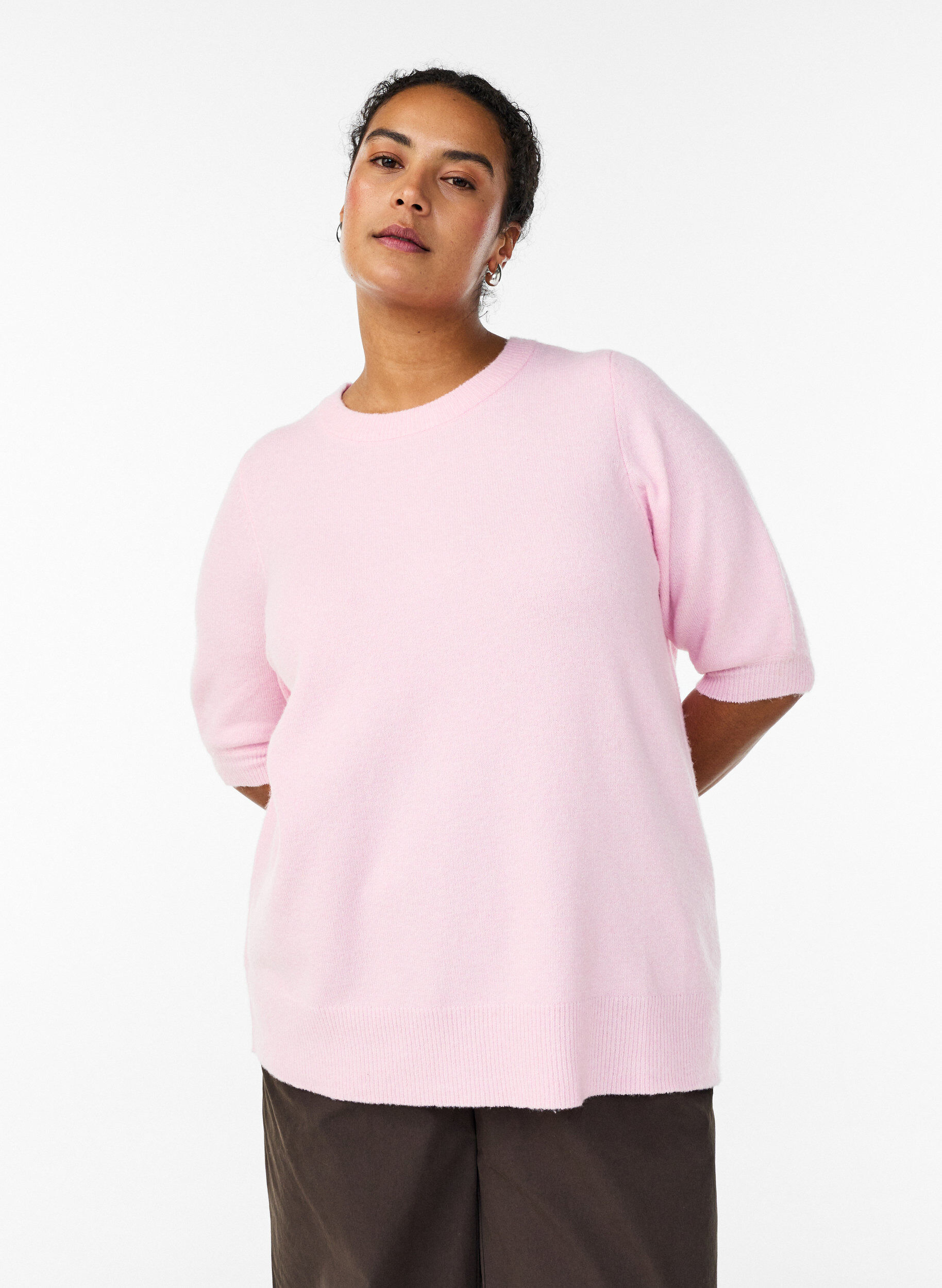 ZizziGebreide blouse met korte mouwen, Roze, Model image number 0